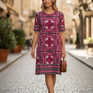 Roz & Ali Pink Black Medallion Print Shift Dress Plus Size 1X Stretch Career